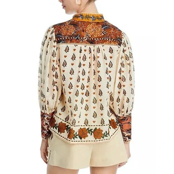 FARM Rio Ainika Cotton Floral Blouse.Beige Cream. Sz XS $198. NWOT